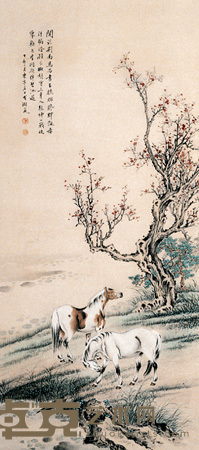 戈湘岚 1947年作 树下双骏 立轴 110×50cm