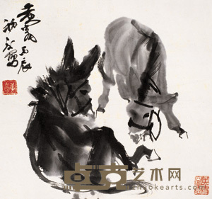 黄冑 1976年作 双驴图 立轴 48.5×45.5cm