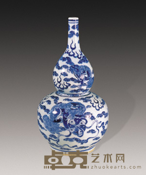 清 青花狮纹葫芦瓶 高44cm