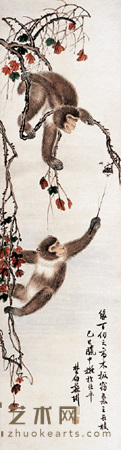 苏楚白 1929年作 猴戏 立轴 118×32cm