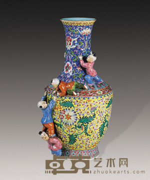 民国 粉彩五子登科雕瓷瓶 高16.5cm