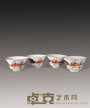 民国 粉彩人物茶杯（四件） 直径10.5cm