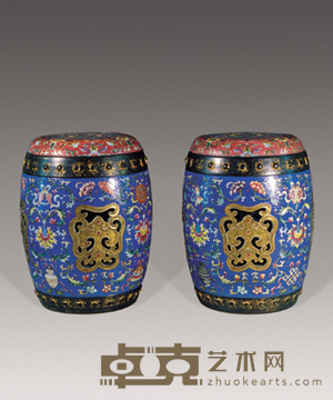 清 粉彩轧道八吉祥绣墩（二件） 高31.5cm