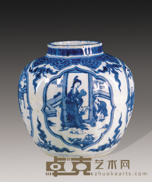 明 青花人物瓜棱罐 高18cm