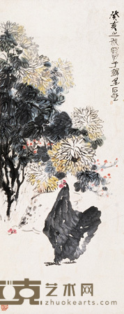 陈子庄 菊花双鸡 立轴 136×54cm