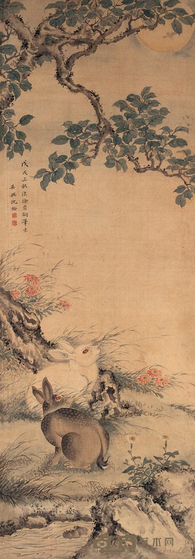沈铨 1718年作 玉兔望月 立轴 123.5×43.5cm