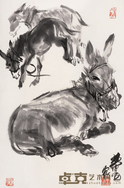 黄冑 三驴图 立轴 66×44cm