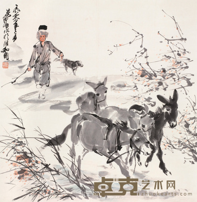 黄冑 1980年作 赶驴图 立轴 66×68cm
