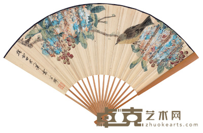 田世光 1944年作 花叶鸣禽 成扇 18×44cm