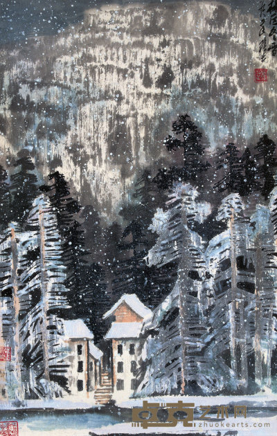 张步 1981年作 林区冬雪 镜心 68×44cm