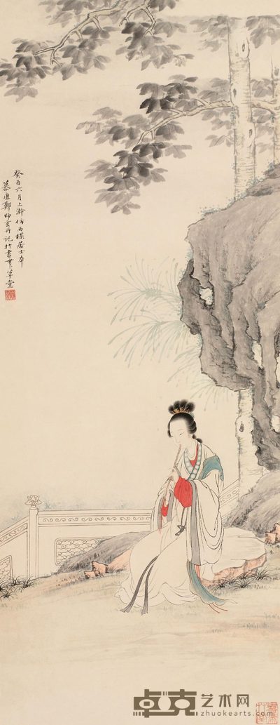 郑师玄 1933年作 桐荫弄箫图 立轴 77×30cm