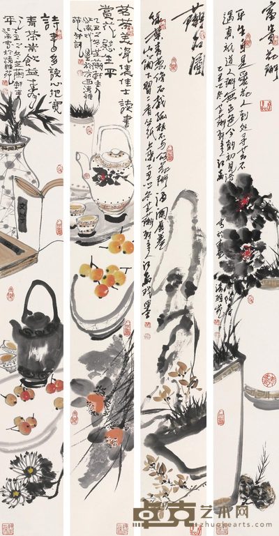 赵江南 1985年作 花卉 四屏 137×17cm×4
