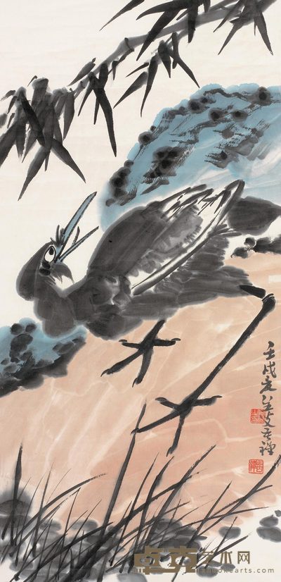 李苦禅 1982年作 竹鹭图 立轴 96×46cm