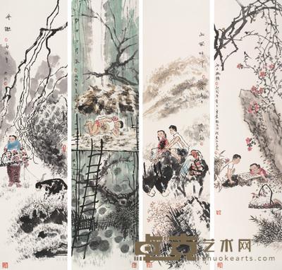 卞国强 2006年作 童趣 镜心 136×36cm×4