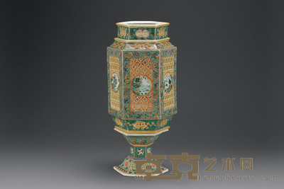 清光绪 五彩镂空山水图六方形灯 高30cm