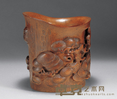 清中期 竹雕松纹杯 高11cm