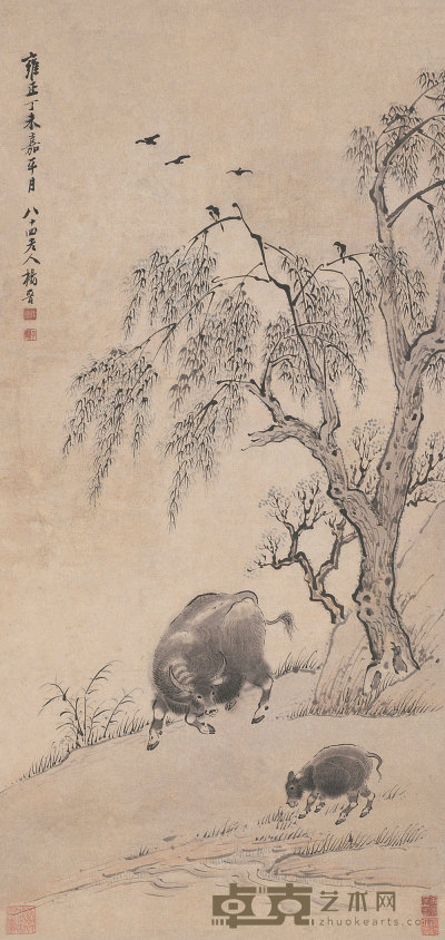 杨晋 丁未（1727年）作 牧牛图 镜心 75.5×36cm