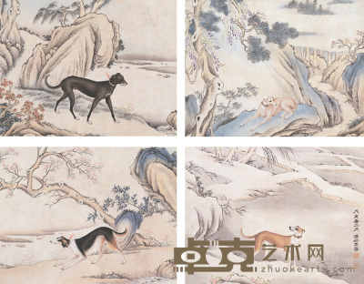 马晋 戊寅（1968年）作 猎犬图册 册页（十开选四） 21.5×28cm×10