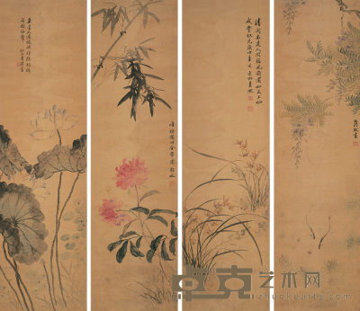 真然 辛亥（1851年）作 花卉 四屏 114×31.5cm×4