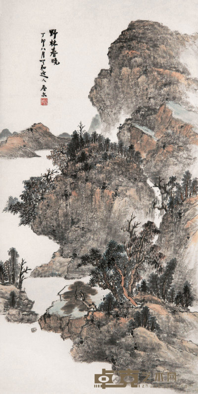 萧俊贤 丁卯（1927年）作 野林春晓 立轴 67×34cm