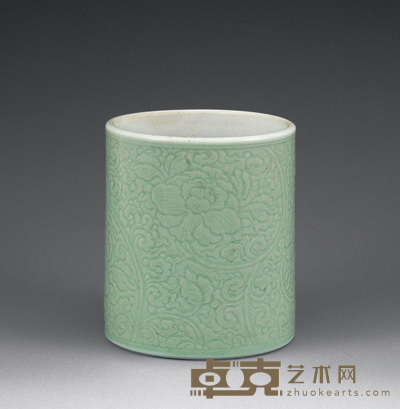 清康熙 豆青釉暗花笔筒 高12.3cm