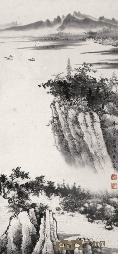 黄君璧 庚辰（1940年）作 松江塔影 立轴 64.5×30cm
