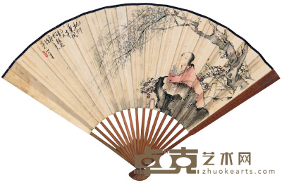 吴伯年 壬申（1932年）作 杨柳春风 成扇 50×18cm