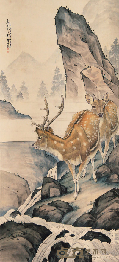 刘奎龄 己巳（1929年）作 双鹿图 立轴 112×51cm