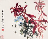 方召麐 1957年作 蜜蜂花卉 镜心