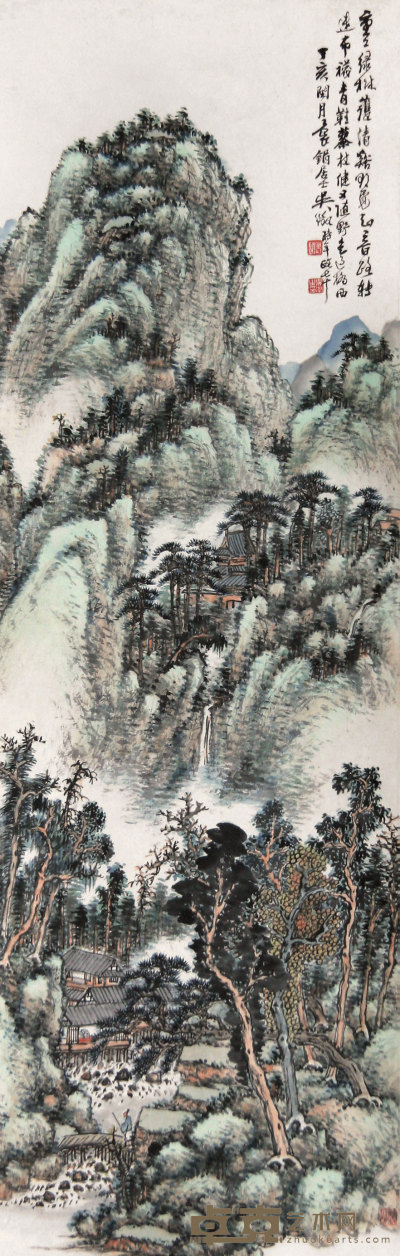 吴待秋 丁亥（1947年）作 山水 立轴 103×34cm