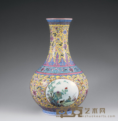 民国 黄地粉彩开光安居乐业纹赏瓶 高39.8cm