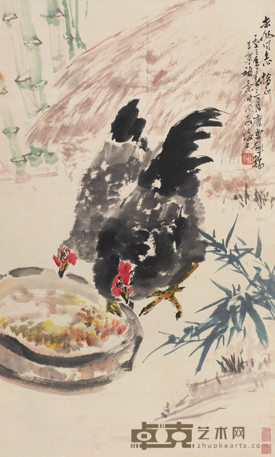 唐云 于希宁 双鸡图 立轴 94×57cm