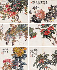 闵湘琴 1921年作 花卉图 册页（十二开选六）