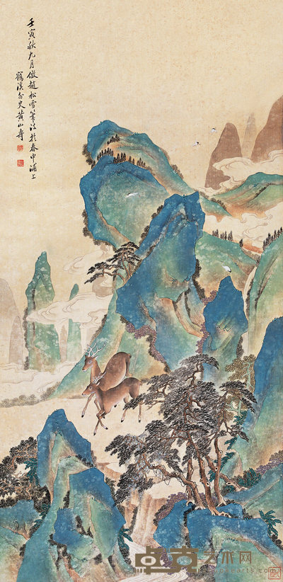 黄山寿 1902年作 鹿鹤同春图 立轴 135×65cm