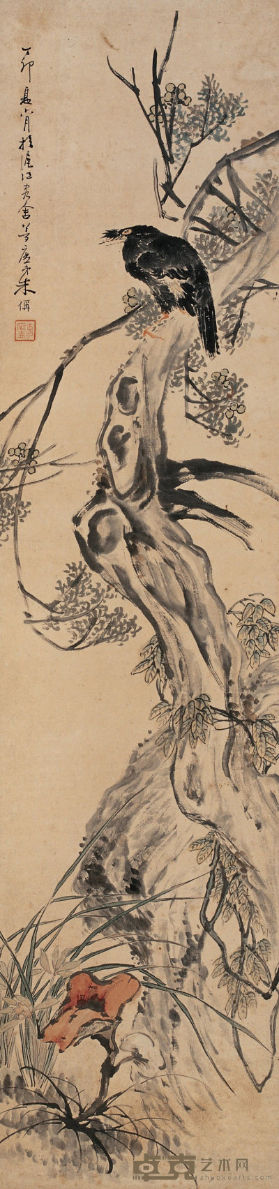 朱称 1867年作 花鸟图 立轴 134.7×31.5cm