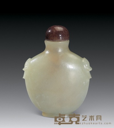 清 白玉兽耳鼻烟壶(赭色宝石盖) 高5.2cm