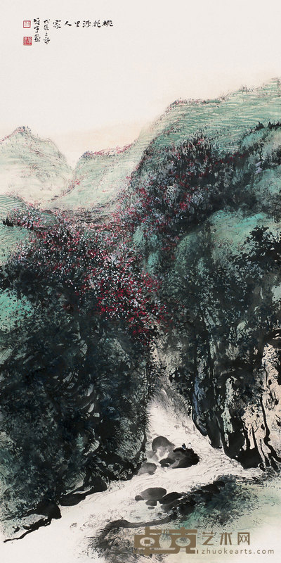 黎雄才 1988年作 桃花源里人家 立轴 138×69cm