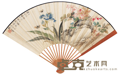 陶运百 顾公硕 1947年作 花虫图 行书 成扇 