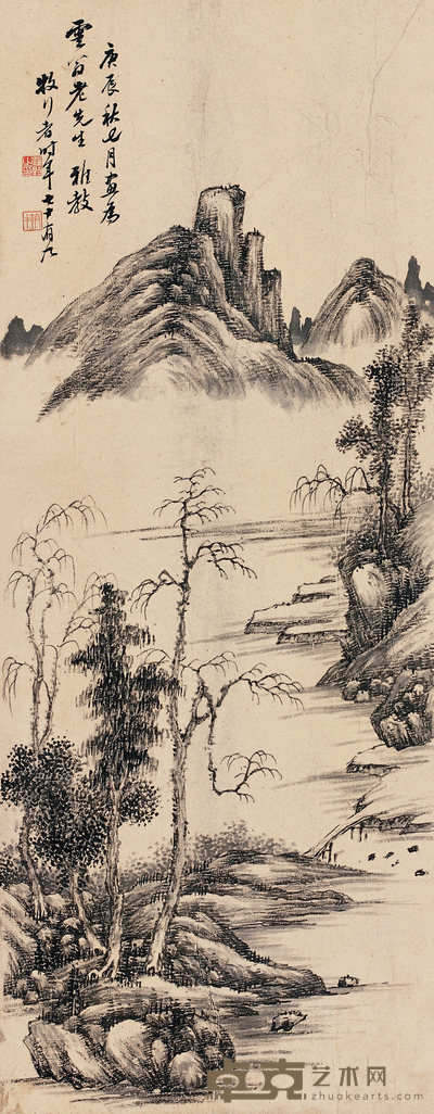 罗牧 1700年作 山水图 立轴 77×30cm