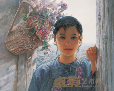 毛以岗 2005年作 花与少女 80×100cm