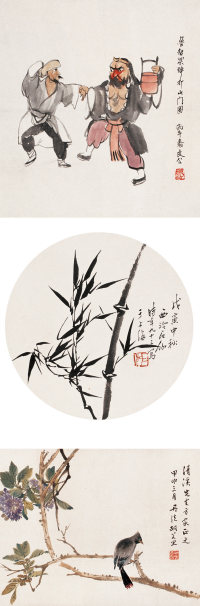 关良 申石伽 胡若思 1966年作 花鸟 戏曲人物图 三嵌轴