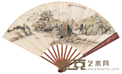 顾青瑶 陈明超 1938年作 秋山渔归图 行书 成扇 