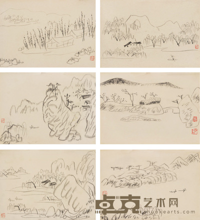 陈子庄 素描 镜心（十二开选六） 19×26.5cm×12