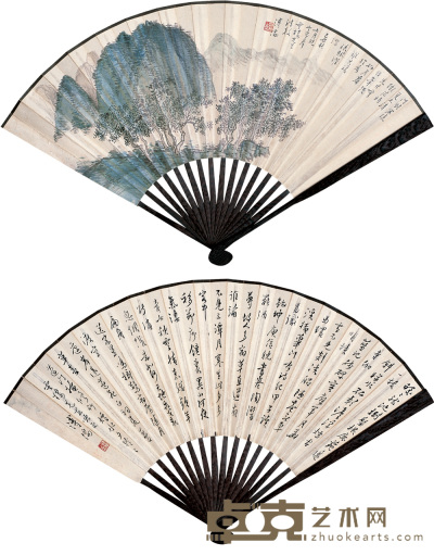 溥儒 1949年作 山水 书法 成扇 19×51cm