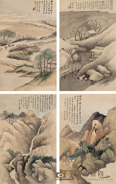 林琴南 1920年作 四季山水图 四屏 51×32cm×4
