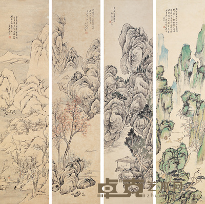 宣古愚 1928年作 四季山水图 四屏 134×33cm×4