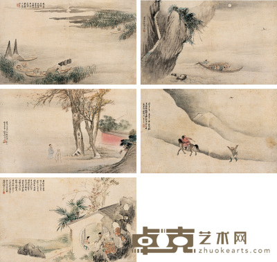 王素 山水人物 册页（十二开选五） 24.5×39.5cm×12