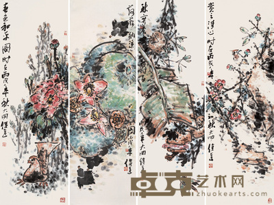 吴俊达 2006年作 花鸟 四屏 120×40cm×4