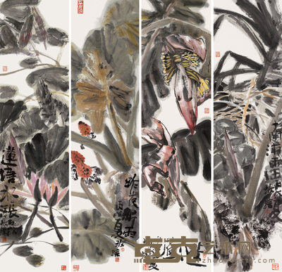 郭玫孮 2006年作 花卉 四屏 136×34cm×4