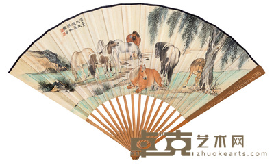 马晋 柳溪八骏 成扇 18×50cm